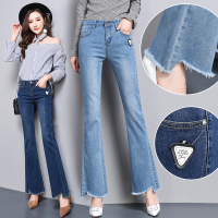 韩版微喇叭裤不规则深蓝牛仔裤女秋2018新款显瘦修身弹力阔腿长裤子