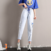 夏季女式中腰韩版显瘦休闲时尚卷边宽松系绳百搭九分直筒牛仔裤