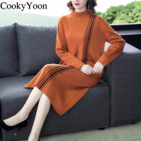 2020秋冬新款贵夫人条纹宽松显瘦针织连衣裙女装打底毛衣裙子