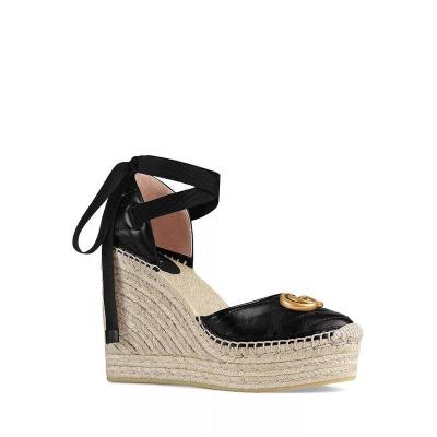 Gucci古驰Ankle Tie Wedge Platform Espadrille Sandals女高跟鞋舒适透气耐磨