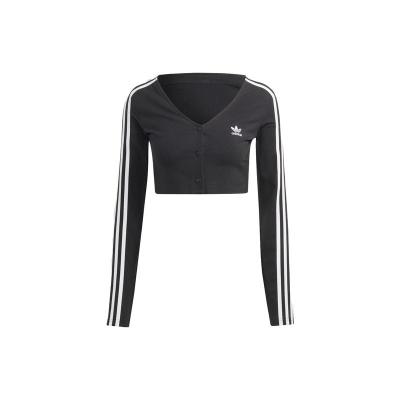 adidas originals 辣妹系列 品牌Logo条纹截短上衣 女款 黑色 休闲百搭 个性潮流 IC5473