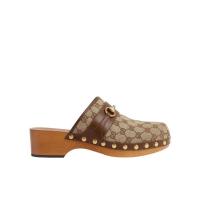 古驰(GUCCI)米色乌木GG帆布拼棕色皮革金色马衔扣低跟橡胶底休闲