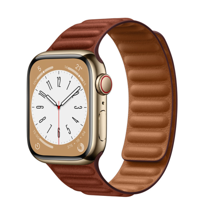 苹果(APPLE) Watch Series 8 金色不锈钢表壳 皮制链式表带 GPS+蜂窝网络 智能手表