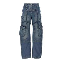 Off-White直筒牛仔裤女复古蓝拼接口袋扣设计牛仔长裤