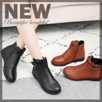 光讯短靴女秋冬2018新款平底单靴女真皮女鞋舒适百搭短筒中年妈妈棉鞋
