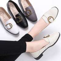 光讯单鞋女秋季2018新款平底韩版真皮鞋子舒适方头软底休闲平跟妈妈鞋