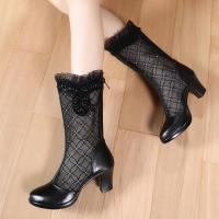 真皮中筒女靴单靴春秋女鞋粗跟单鞋镂空鞋中跟洞洞靴头层牛皮靴子