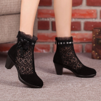 头层牛皮靴子真皮女鞋春秋女单鞋中跟粗跟女靴镂空蕾丝靴女皮鞋