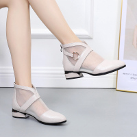 短靴女2019新款春季粗跟单靴时尚透气靴真皮鞋舒适中跟百搭女鞋