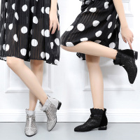 短靴女春季2019新款粗跟马丁靴女单靴时尚水钻镂空靴百搭女鞋子