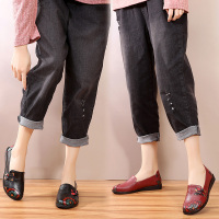 鞋子女2019新款春季平底单鞋女真皮鞋民族风休闲鞋舒适圆头妈妈鞋