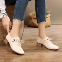 鞋子女2019新款春季粗跟单鞋女系带深口鞋真皮鞋舒适中跟百搭女鞋