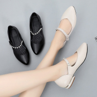 鞋子女2019新款春季单鞋女粗跟真皮鞋时尚浅口尖头低跟百搭女鞋子