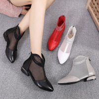 短靴女春季2019新款粗跟单靴女真皮靴靴时尚水钻透气平底女鞋子