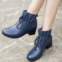 中跟保暖靴子真皮小短靴女秋冬粗跟韩版加绒棉皮靴大码女鞋41-43