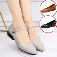 2019春夏浅口低跟单鞋舒适百搭尖头英伦真皮鞋平底方跟女鞋子