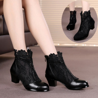 2019春季新款镂空真皮女靴子中跟粗跟短靴女蕾丝靴单靴纱女鞋
