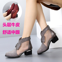 春秋单靴靴真皮中跟粗跟短靴韩版水钻裸靴镂空纱女靴子4142码