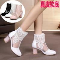 春秋镂空女靴真皮高跟短靴粗跟百搭纱靴蕾丝高帮单靴靴皮靴子