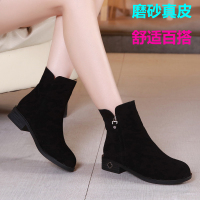 2018新款粗跟短靴女韩版百搭中跟女靴子磨砂真皮圆头春秋平底单靴