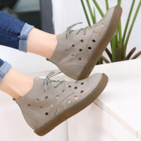 2019新款春秋真皮单靴子女百搭短靴平底透气洞洞鞋镂空平跟马丁靴