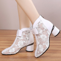 2019新款包头凉鞋夏季镂空纱凉靴粗跟真皮百搭中跟高跟女鞋靴子