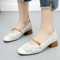 2019新款春夏季粗跟单鞋女中跟百搭透气镂空女鞋一脚蹬浅口真皮鞋