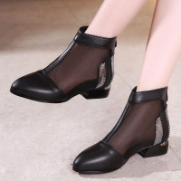 2019新款春款短靴透气镂空纱女鞋真皮百搭粗跟单靴夏天马丁靴子