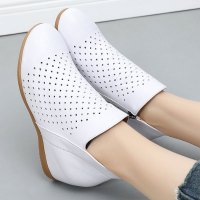 2019春季新款女鞋内增高短靴镂空洞洞女靴子真皮鞋子百搭坡跟单靴