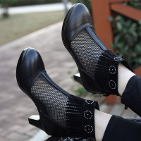 2019春季新款短靴粗跟单靴真皮靴中跟纱女鞋夏天女靴子镂空鞋