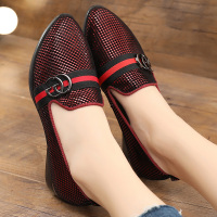 尖头浅口单鞋女2019春季新款女鞋时尚韩版真皮粗跟一脚蹬中跟皮鞋