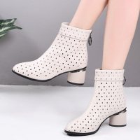 春季新款女鞋2019春款短靴粗跟高跟单靴春秋透气镂空真皮洞洞靴子