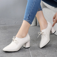 粗跟单鞋女2019春季新款女鞋韩版百搭真皮鞋子春秋中跟尖头小皮鞋