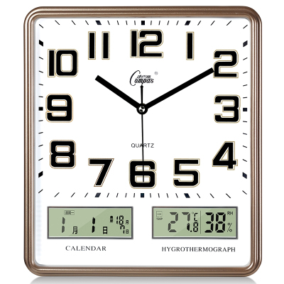 康巴丝(Compas)客厅挂钟卧室电子钟表创意 个性时尚日历时钟石英钟家用 14英寸(直径35.5厘米) 金色 双日历