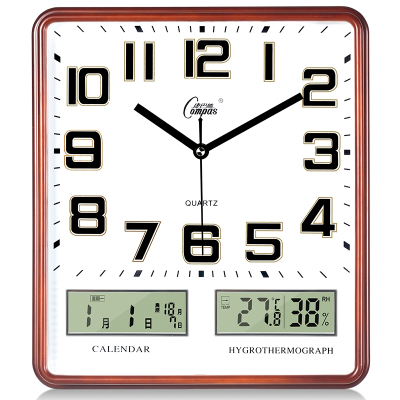 康巴丝(Com客厅挂钟卧室电子钟表创意 个性时尚日历时钟石英钟家用 14英寸(直径35.5厘米) 橡木色 双日历