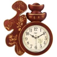 康巴丝(Compas)客厅挂钟卧室办公 壁钟表创意中国风福字家用电子石英钟 19英寸(直径48厘米) 木纹色 金边
