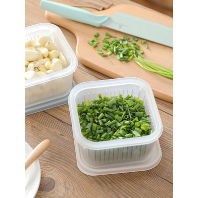 日式厨房葱花姜蒜保鲜盒沥水保鲜收纳盒冰箱食物密封盒方形储物盒