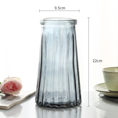 欧式创意大号玻璃花瓶纳丽雅透明水培富贵竹百合竖条花瓶客厅插花摆件 日系大号（烟灰色） 大
