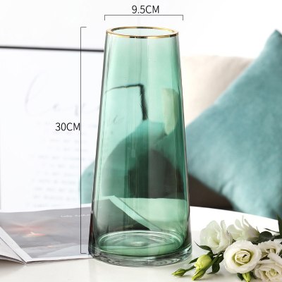 轻奢玻璃花瓶摆件纳丽雅现代简约客厅透明水培插花瓶北欧式餐桌装饰创意 描金T型(30cm高)绿色 中等