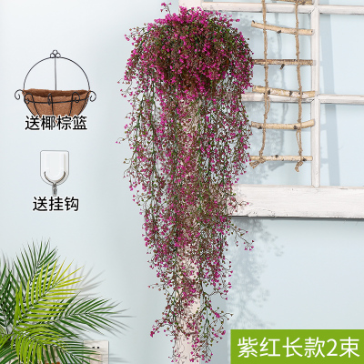 仿真金钟柳客厅墙面装饰室内绿植壁挂花假花藤条垂吊植物吊兰藤蔓 长款金钟柳紫红2束(送椰棕篮)