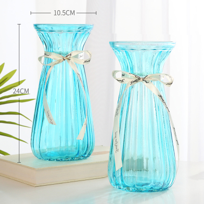 [两件套]欧式创意大号彩色透明水培富贵竹竖棱花瓶客厅插花摆件 米兰款天蓝色(两件装) 大