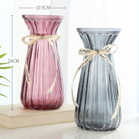 [两件套]欧式创意大号彩色透明水培富贵竹竖棱花瓶客厅插花摆件 米兰款(烟灰+酒红) 大