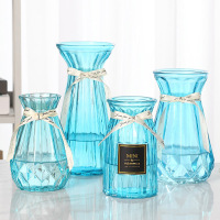 [四件套]北欧创意玻璃花瓶透明水养富贵竹玫瑰花瓶客厅插花摆件 15贴标+折纸+冰心+米兰(天蓝色) 大