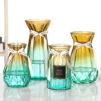 [四件套]北欧创意玻璃花瓶透明水养富贵竹玫瑰花瓶客厅插花摆件 15贴标+折纸+冰心+米兰(黄绿色) 大