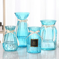 [四件套]北欧创意玻璃花瓶透明水养富贵竹玫瑰花瓶客厅插花摆件 15贴标+折纸+钻石+米兰(天蓝色) 大