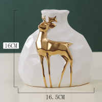 北欧风轻奢鹿陶瓷花瓶摆件三件套客厅酒柜装饰品干花仿真插花创意 白色金鹿小花瓶