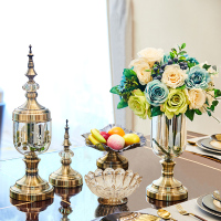 创意欧式花瓶客厅摆件美式餐桌轻奢软装饰品家居仿真干花插花摆 优雅古铜色花瓶一套[送如意蓝玫瑰3束+2束浆果]荷叶果盘+烟
