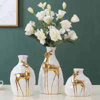 北欧风轻奢鹿陶瓷花瓶摆件三件套客厅酒柜装饰品干花仿真插花创意 白色金鹿大中小三件套带花束如图