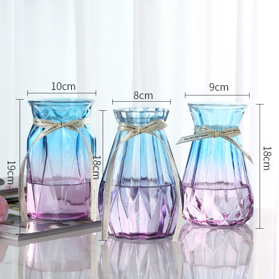 [三件套]欧式创意玻璃瓶客厅玻璃花瓶摆件水培插花干花花瓶花器 钻石+18新诺+南瓜折纸/蓝紫 大