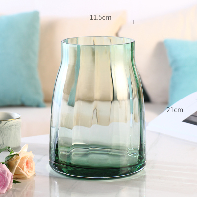 轻奢 描金T型玻璃花瓶透明插花水培百合家居软装客厅摆件花器北欧 条纹开口款(11.5*21CM)绿色